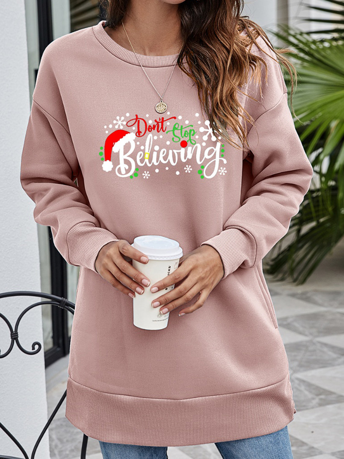 DON'T STOP BELIEVING Graphic Drop Shoulder Sweatshirt-Jewearrings