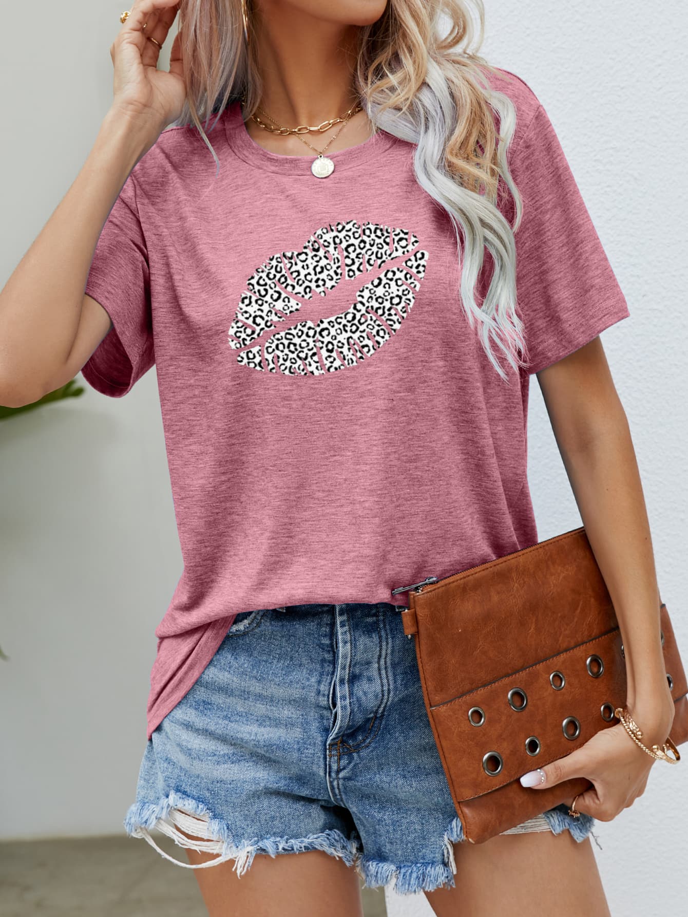 Leopard Lip Graphic Round Neck Tee-Jewearrings