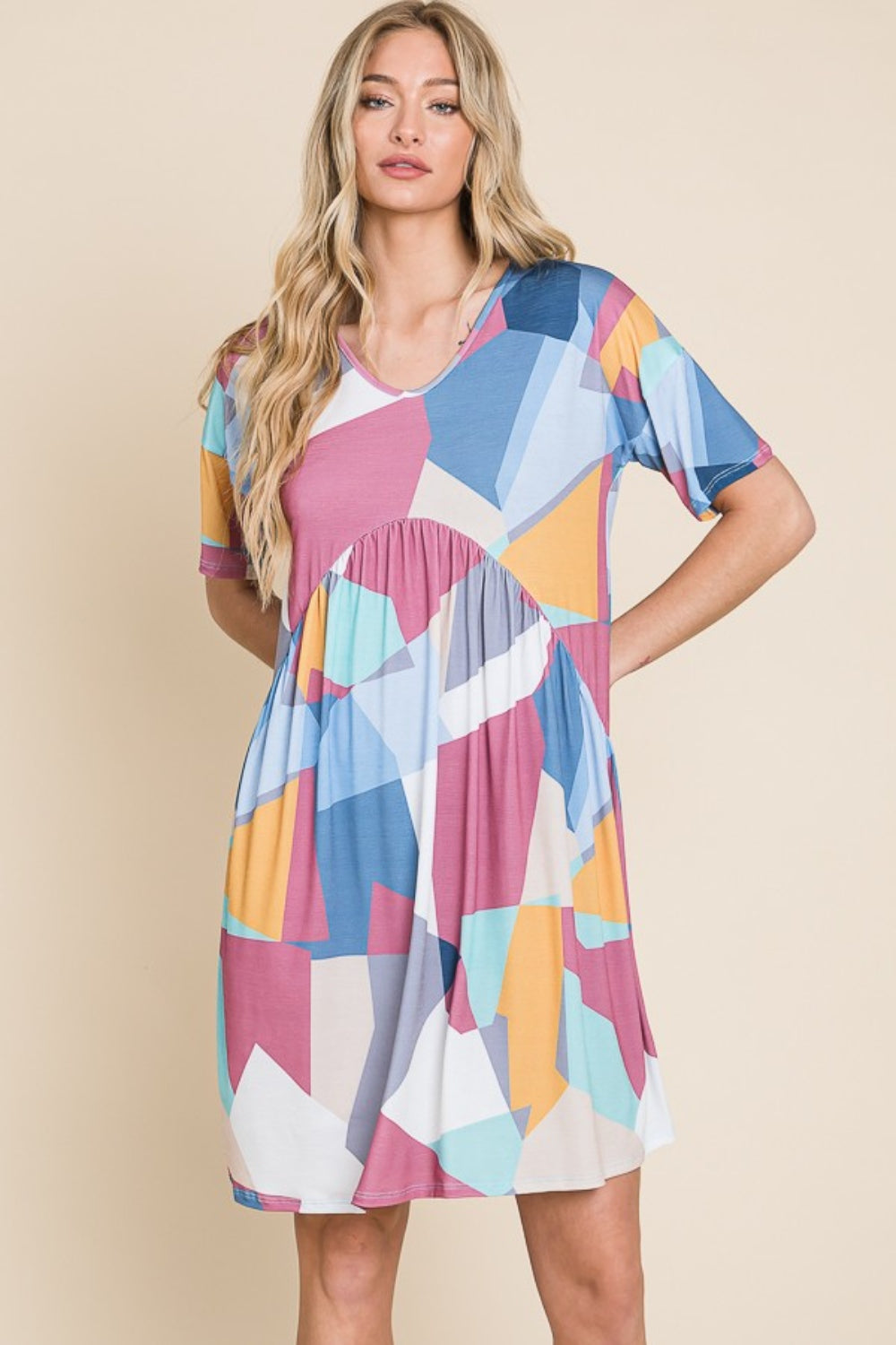 BOMBOM Ruched Color Block Short Sleeve Dress-Jewearrings