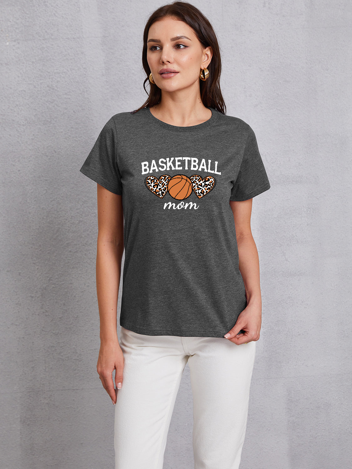 BASKETBALL MOM Round Neck Short Sleeve T-Shirt-Jewearrings