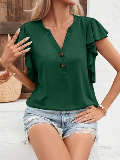 Full Size Ruffled Notched Cap Sleeve T-Shirt-Jewearrings