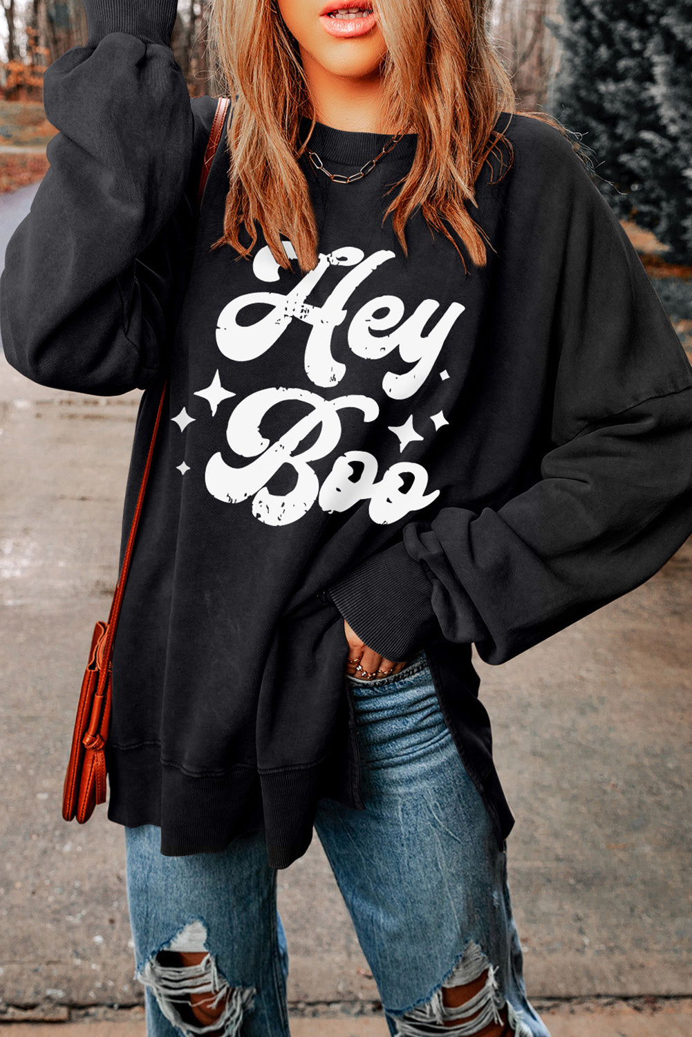 HEY BOO Graphic Round Neck Sweatshirt-Jewearrings