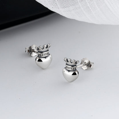 Vintage Love Crown Stud Earrings In Sterling Silver-Jewearrings