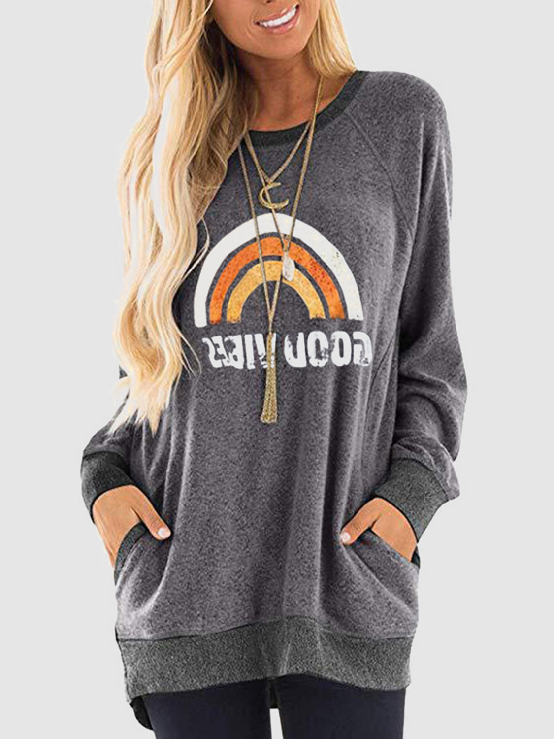 Rainbow Graphic Round Neck Sweatshirt with Pockets-Jewearrings