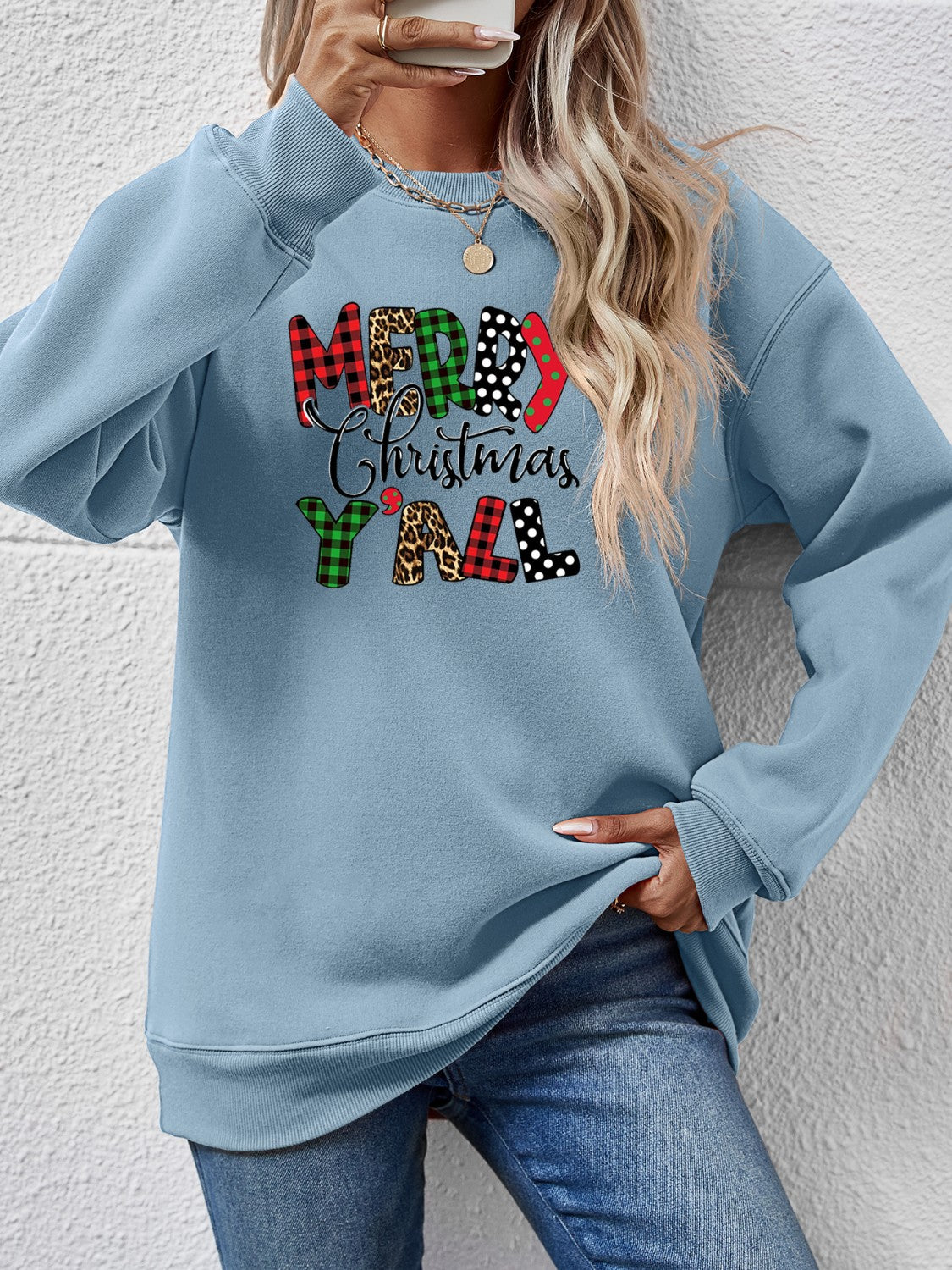 Letter Graphic Round Neck Long Sleeve Sweatshirt-Jewearrings