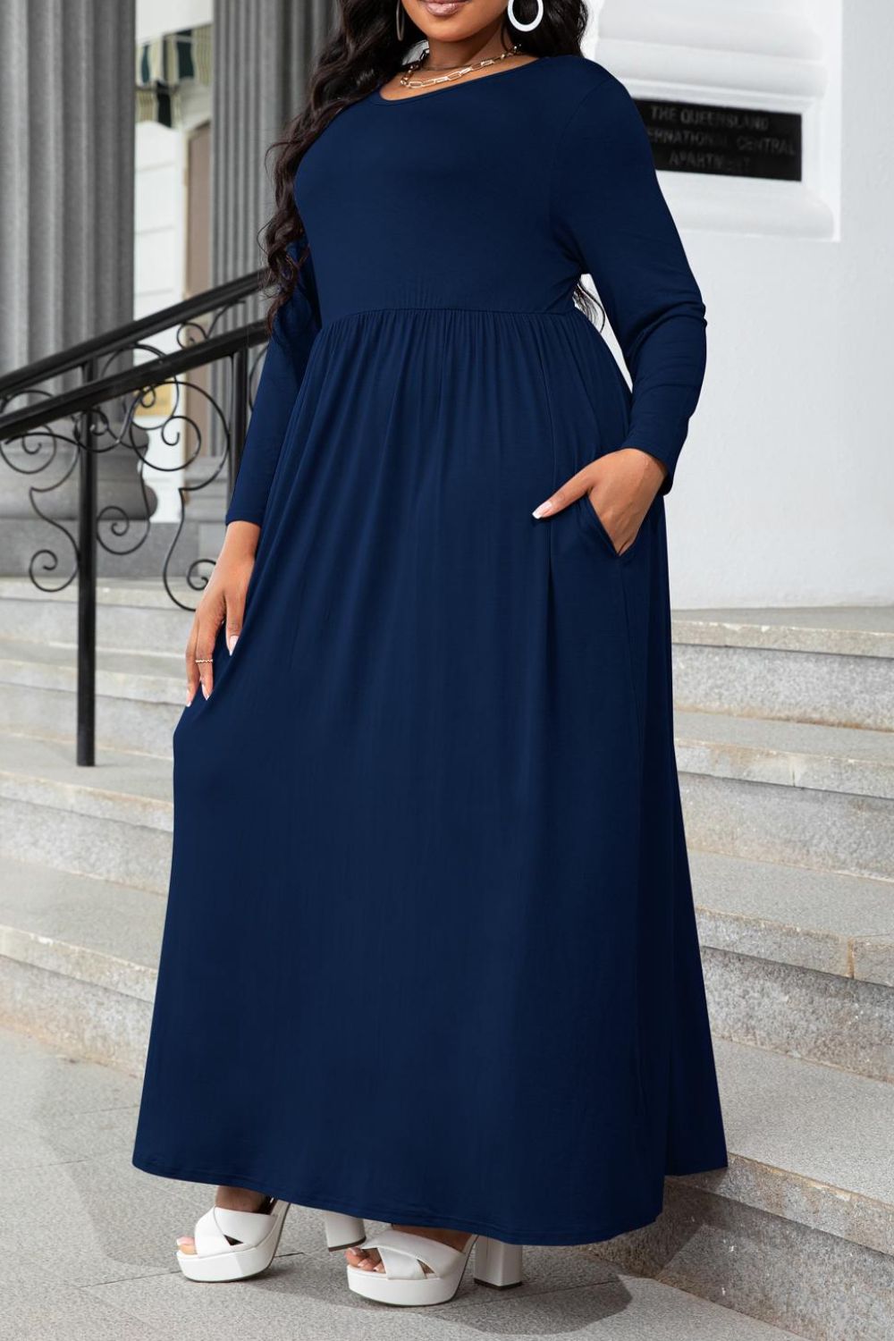 Plus Size Round Neck Long Sleeve Maxi Dress with Pockets-Jewearrings