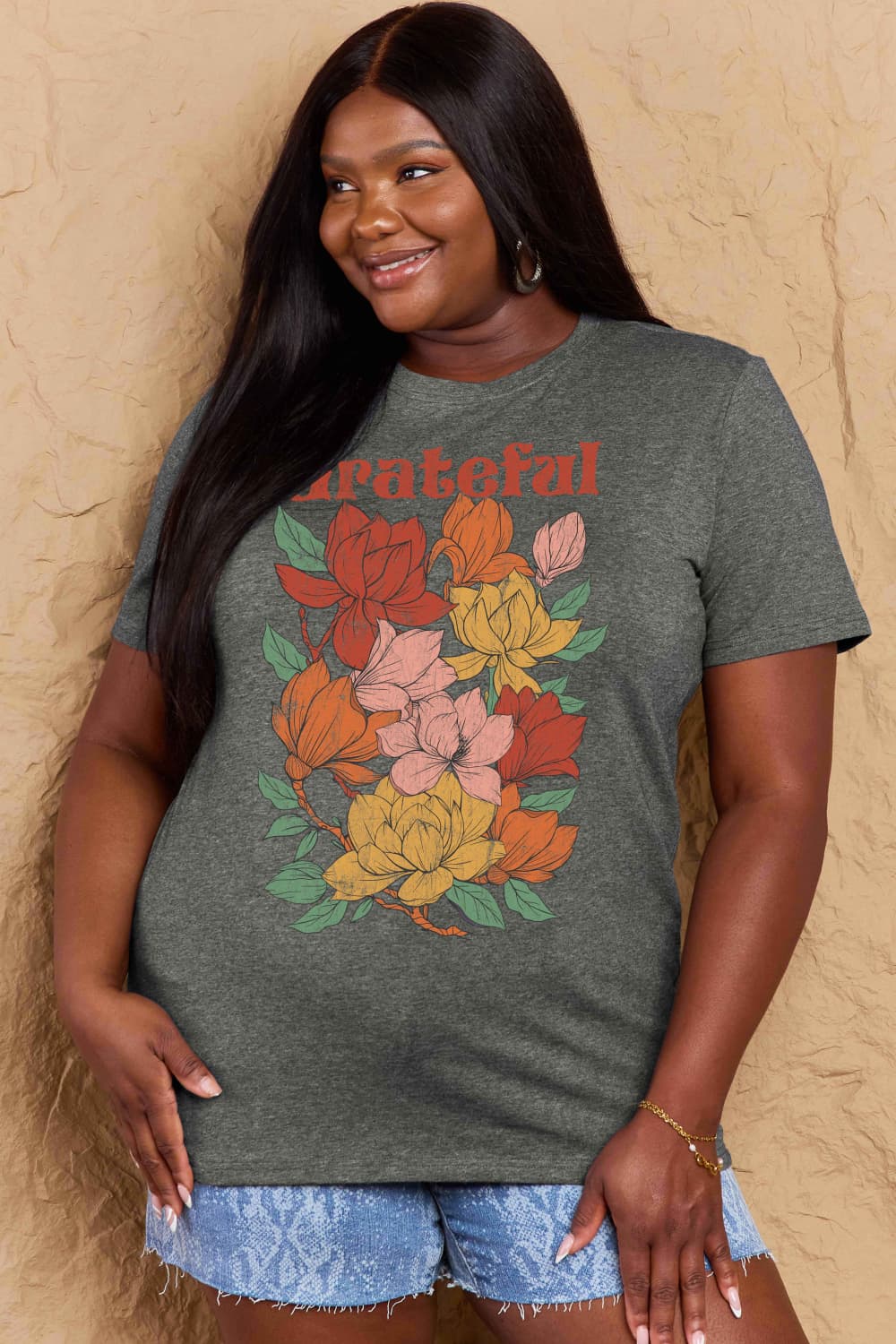 Simply Love Full Size GRATEFUL Flower Graphic Cotton T-Shirt-Jewearrings