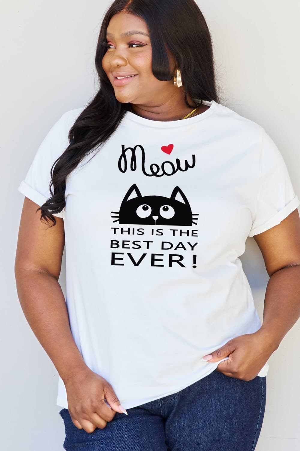 Simply Love Full Size MEOW THIS IS THE BEST DAY EVER! Graphic Cotton T-Shirt-Jewearrings