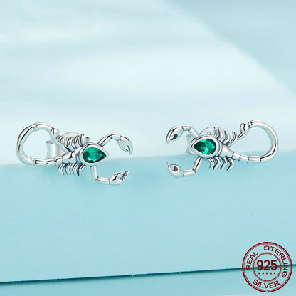 Green Zircon Scorpion Silver Stud Earrings Dark Black-Jewearrings