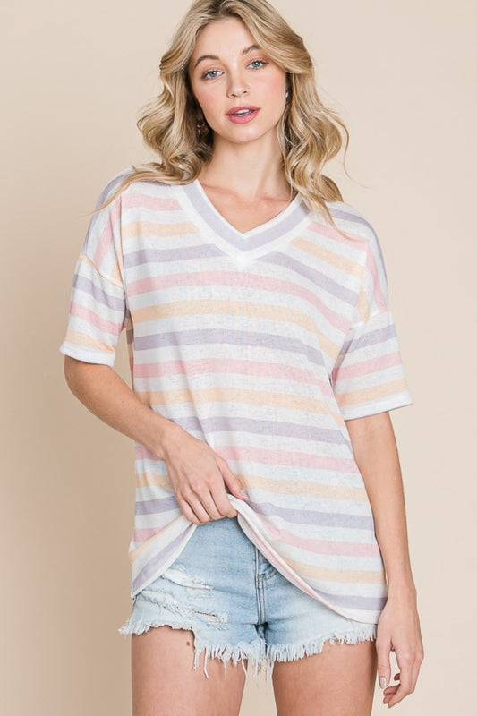 BOMBOM Striped V-Neck Short Sleeve T-Shirt-Jewearrings