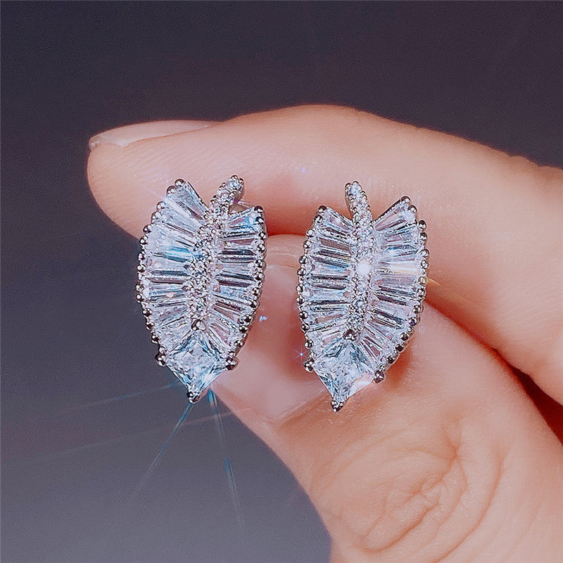 Delicate Leaf Shaped Brass And Zircon Stud Earrings For Women-Jewearrings