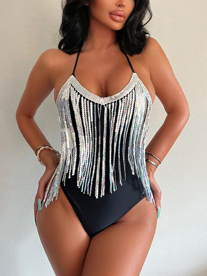 Sequin Spaghetti Strap One-Piece Swimwear-Jewearrings