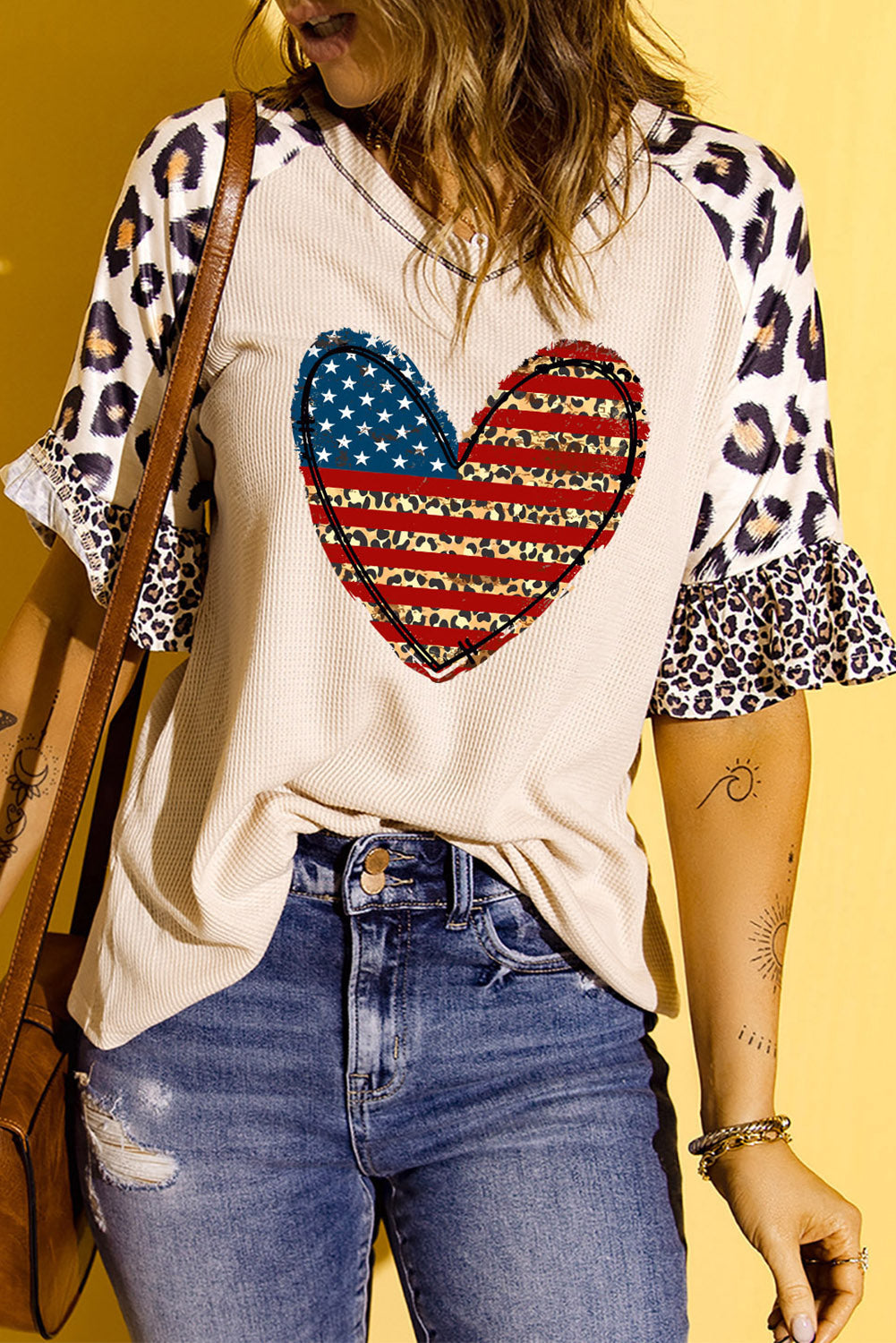 Star and Stripe Heart Graphic Leopard Top-Jewearrings