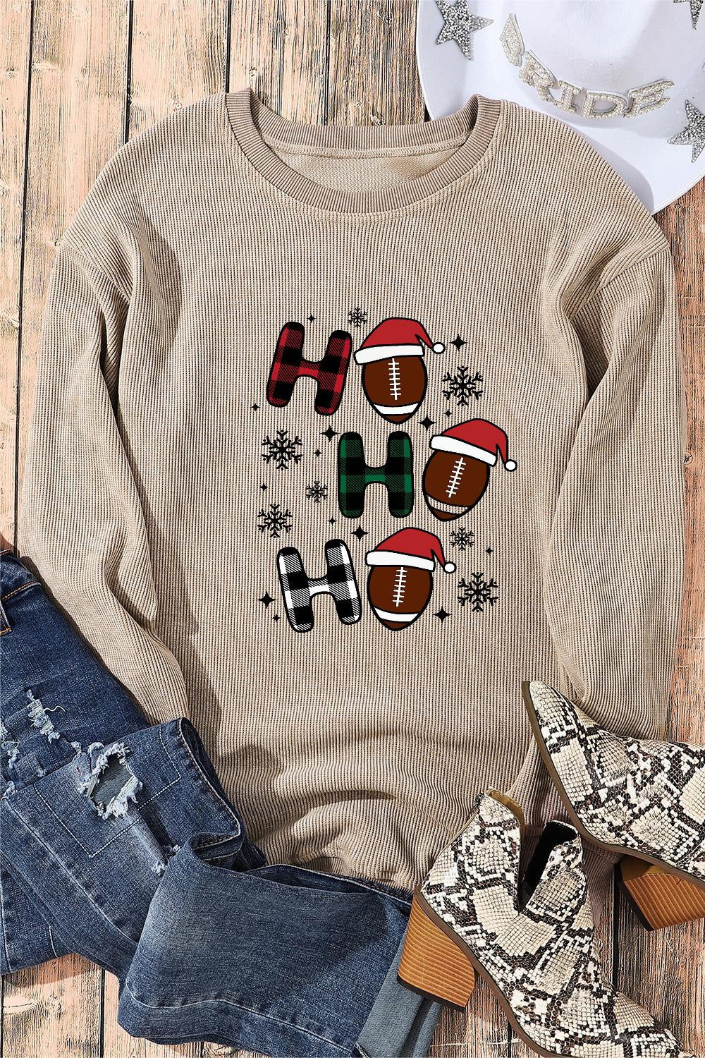 HO HO HO Graphic Ribbed Sweatshirt-Jewearrings