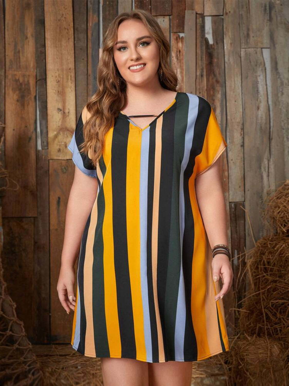 Plus Size Striped Short Sleeve Mini Dress-Jewearrings