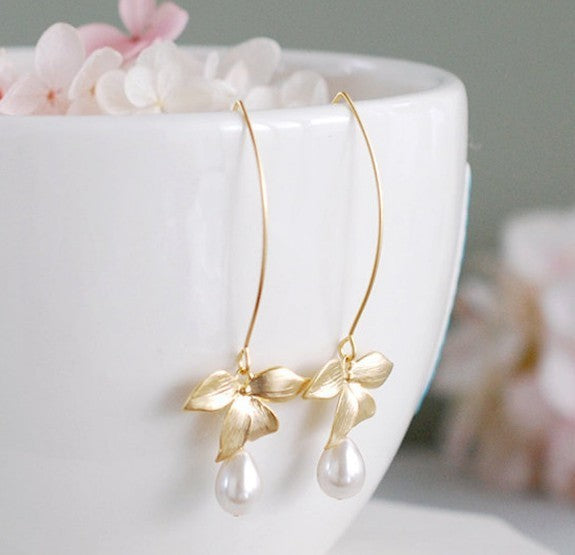 Leaf Drop Pearl Earrings Simple Art Jewelry-Jewearrings