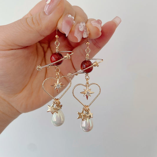 Red Planet Star Earrings Personality Love Pearl Ear Clips-Jewearrings