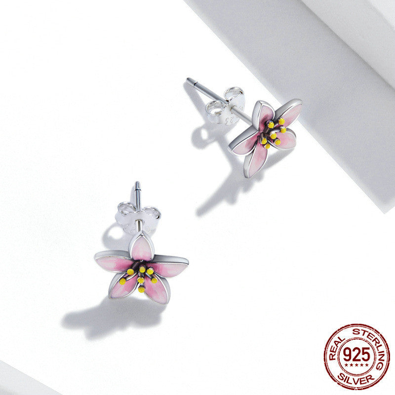 Fashion Cherry Blossom Sterling Silver S925 Stud Earrings Women's Oil Drops Flowers-Jewearrings