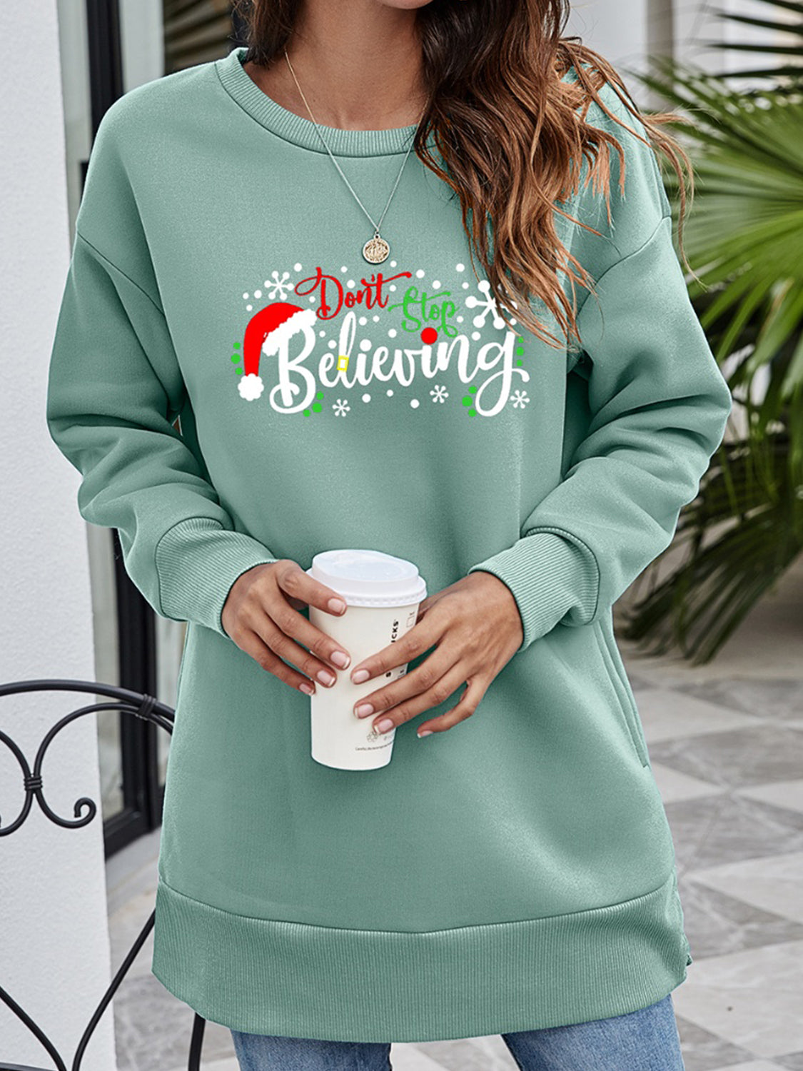 DON'T STOP BELIEVING Graphic Drop Shoulder Sweatshirt-Jewearrings