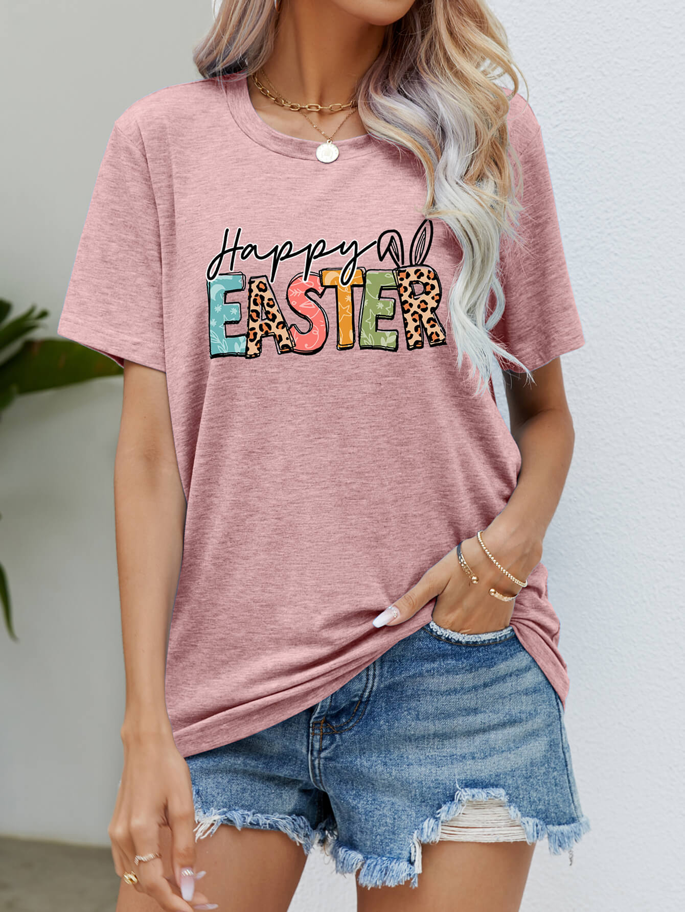 HAPPY EASTER Graphic Round Neck Tee Shirt-Jewearrings