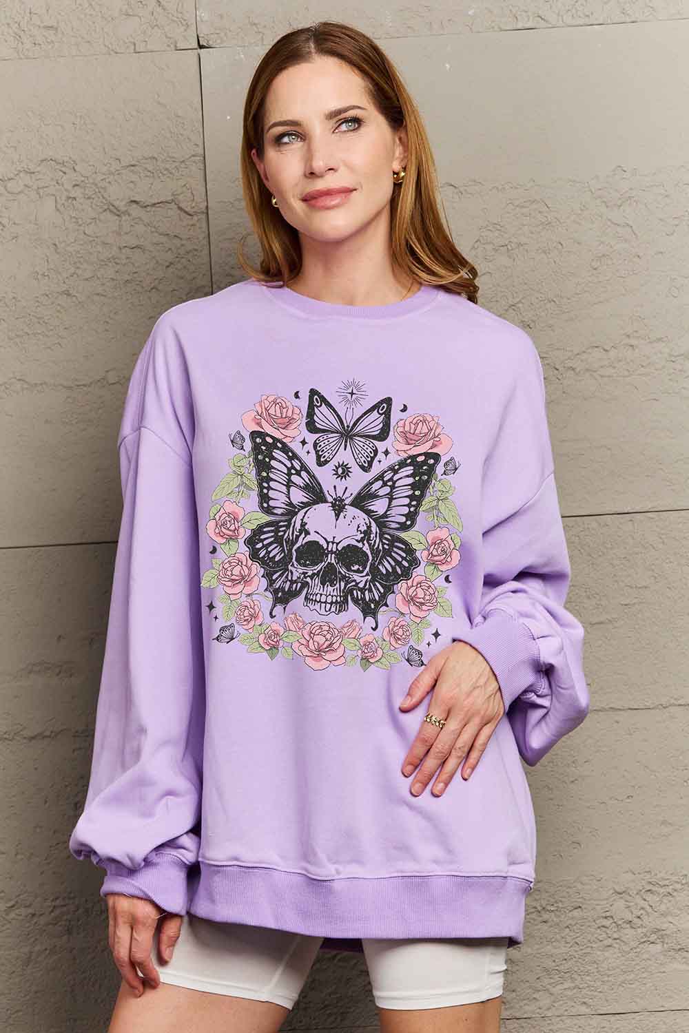 Simply Love Simply Love Full Size Skull Butterfly Graphic Sweatshirt-Jewearrings