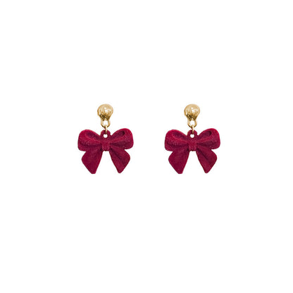 Wine Red Flocking Bow Stud Earrings Women's-Jewearrings