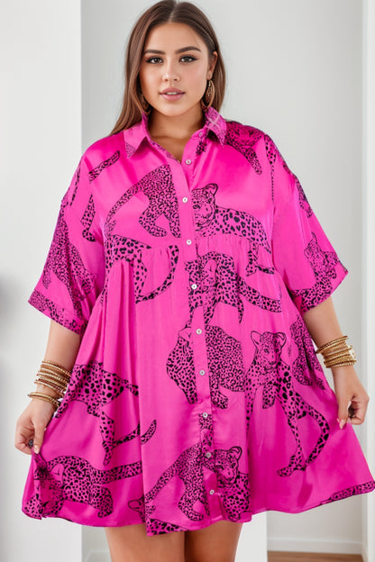 Plus Size Tiger Printed Button Up Half Sleeve Dress-Jewearrings