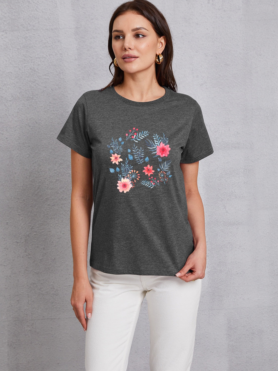 Flower Round Neck Short Sleeve T-Shirt-Jewearrings