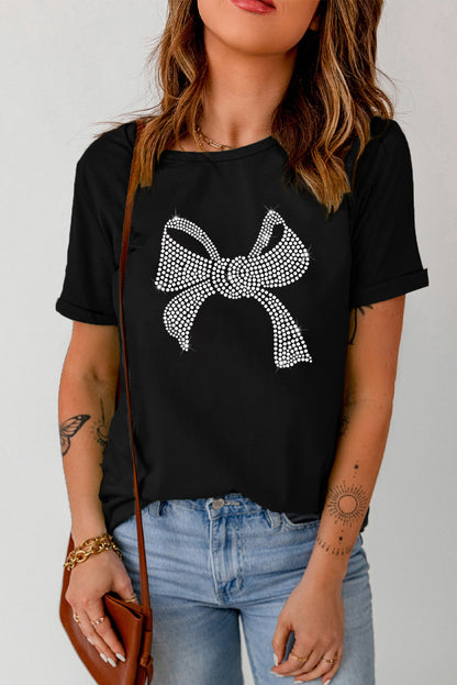 Rhinestone Bow Graphic Round Neck Short Sleeve T-Shirt-Jewearrings