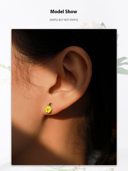 S925 Sterling Silver Cute Lemon Enamel Stud Earrings For Women-Jewearrings