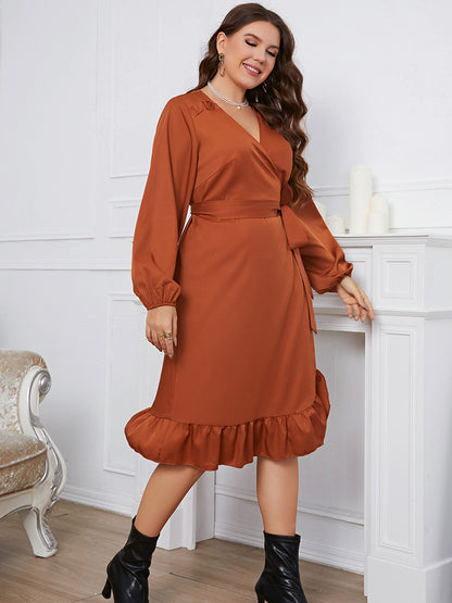 Plus Size Surplice Neck Tie Waist Dress-Jewearrings