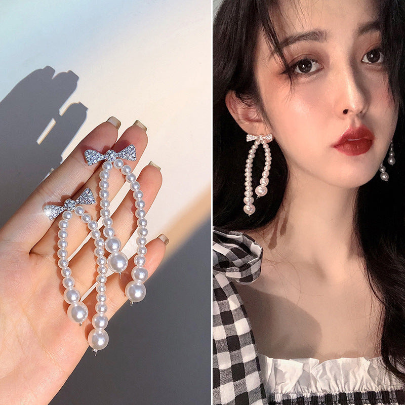 Korea All-match Rhinestone Pearl Bow Earrings-Jewearrings