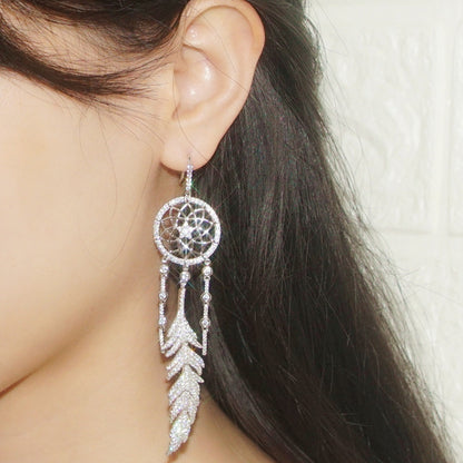 Sterling Silver Earrings Set With Diamonds To Catch Dream Net Feathers-Jewearrings