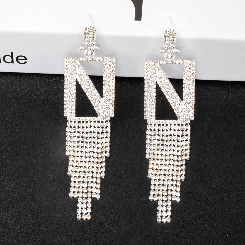 Fashion Jewelry 925 Silver Needle Ornaments Rhinestone Letter B Earrings Banquet Tassel Ear Ornaments Female-Jewearrings