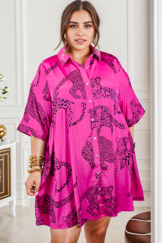 Plus Size Tiger Printed Button Up Half Sleeve Dress-Jewearrings