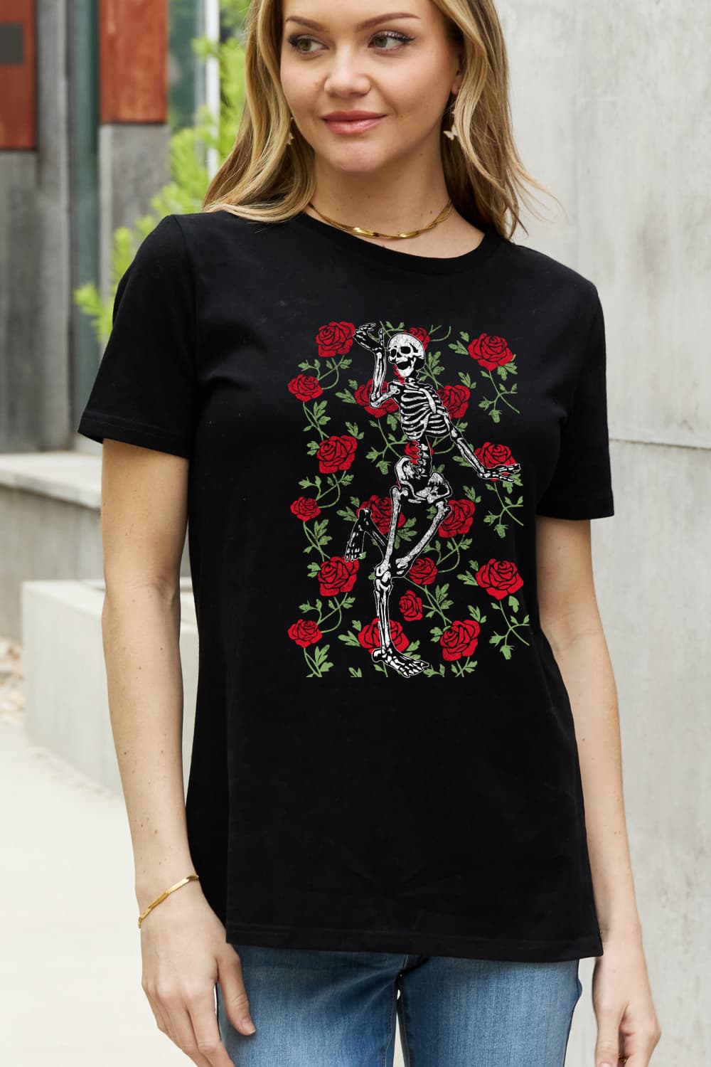 Simply Love Full Size Skeleton & Rose Graphic Cotton Tee-Jewearrings