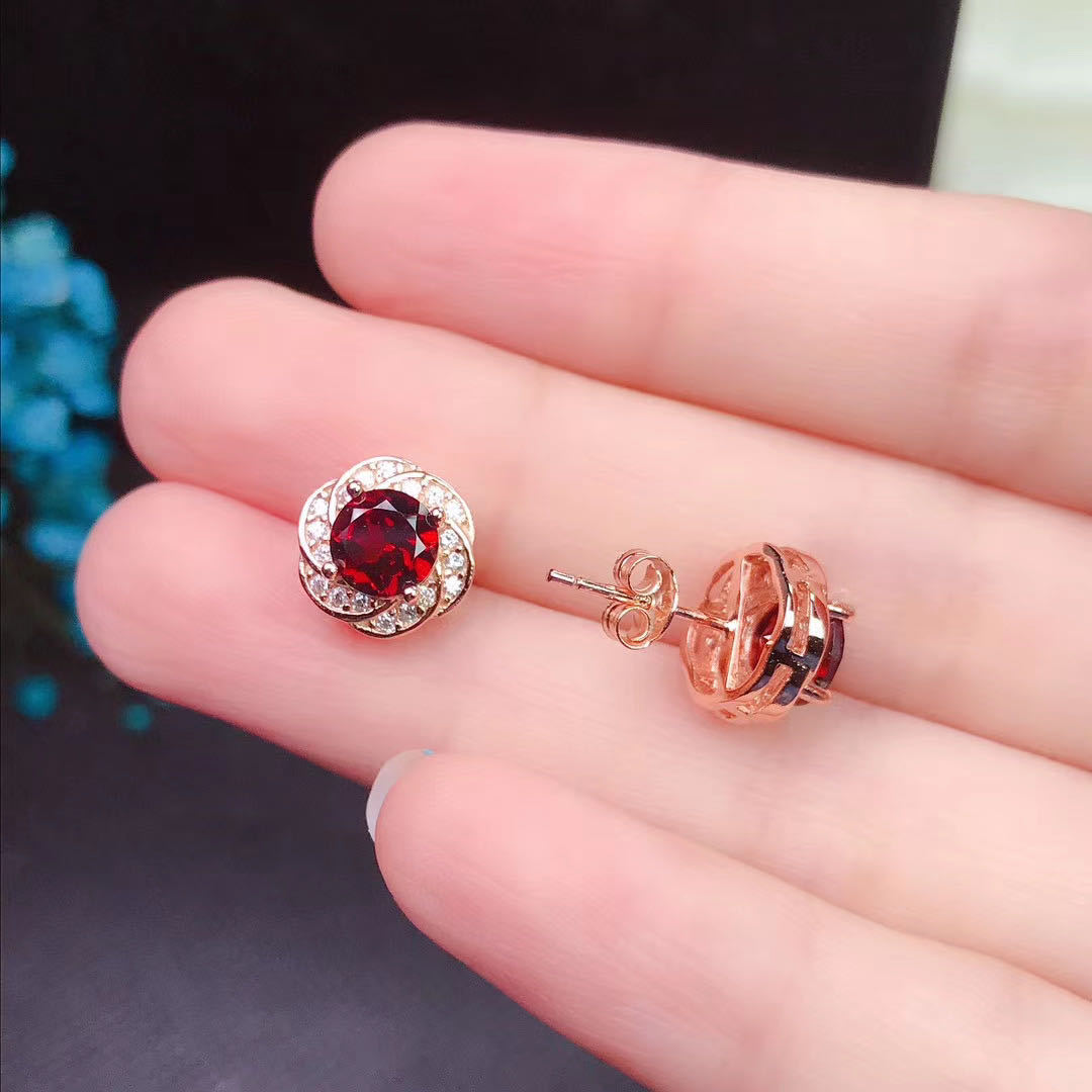 Garnet Stud Earrings 925 Silver Inlaid Colored Gems Jewelry-Jewearrings