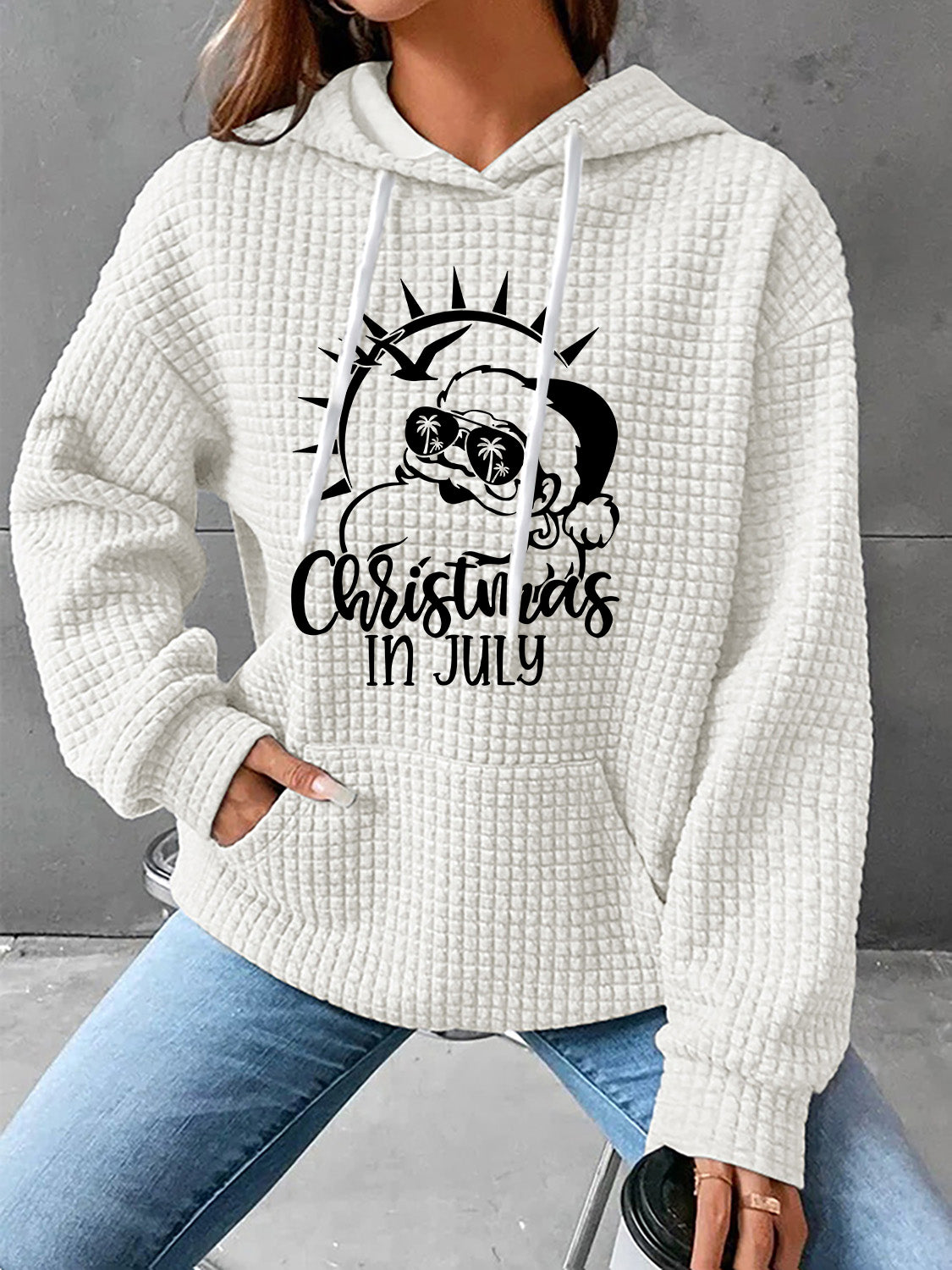 Full Size CHRISTMAS IN JULY Drawstring Long Sleeve Hoodie-Jewearrings