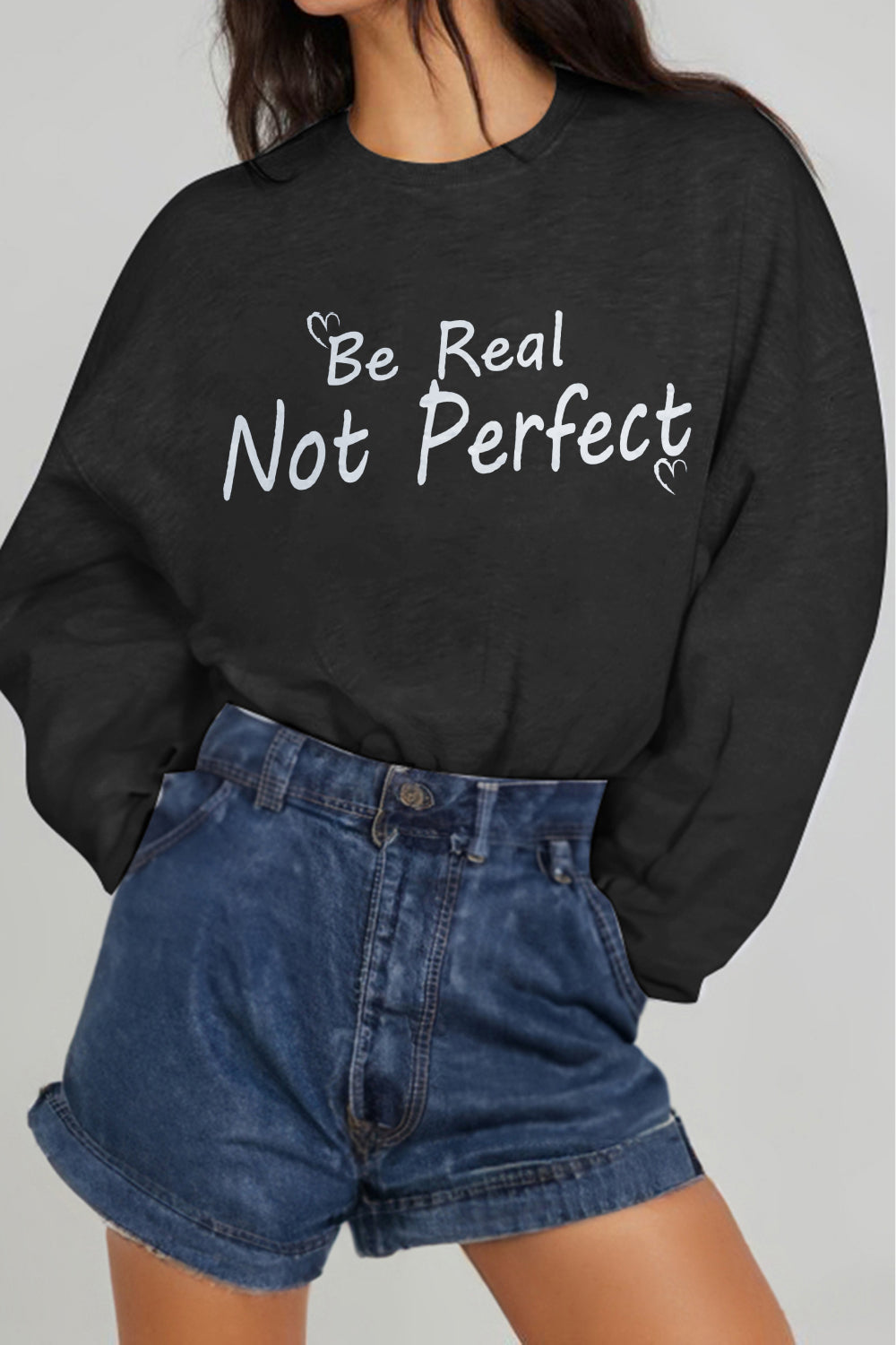 Simply Love Full Size BE REAL NOT PERFECT Graphic Sweatshirt-Jewearrings