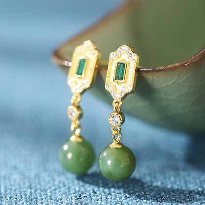 Emerald Tassel 925 Silver Inlaid Southern Red Agate Gem Hetian Jade Retro Female Earrings-Jewearrings