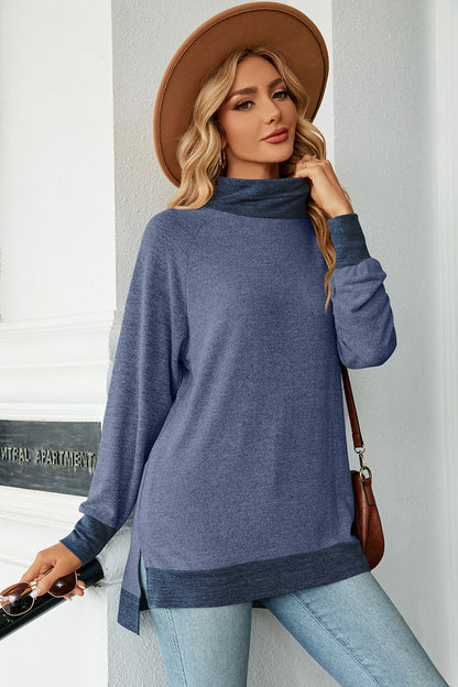 Slit Mock Neck Long Sleeve T-Shirt-Jewearrings