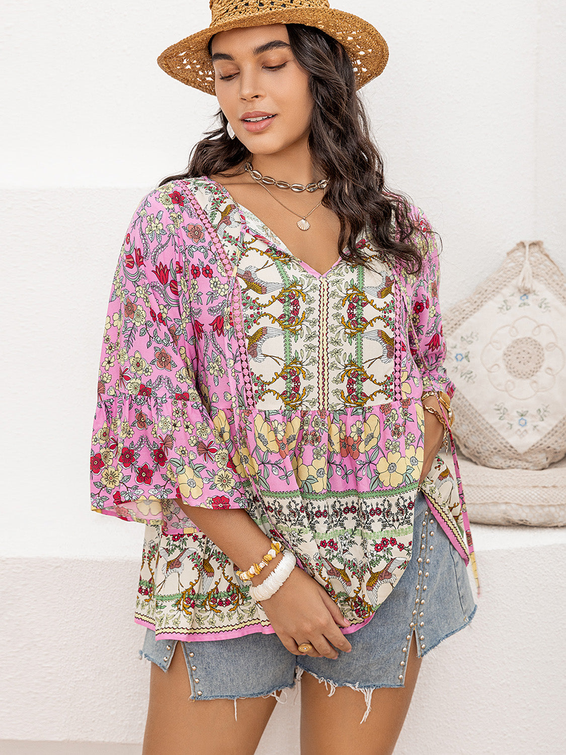 Plus Size Ruched Printed Tie Neck Three-Quarter Sleeve Blouse-Jewearrings