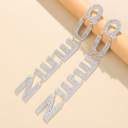 Queen Rhinestone Hoop Earrings Women's Long Letters-Jewearrings