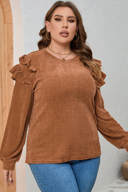 Plus Size Ruffled Round Neck Long Sleeve T-Shirt-Jewearrings