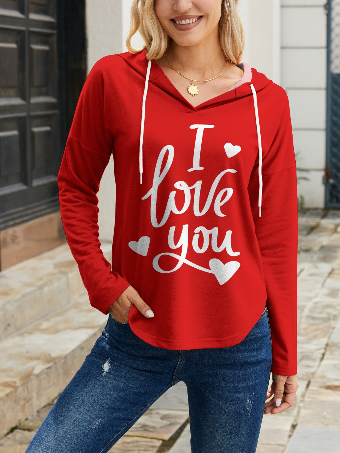 I LOVE YOU Drawstring Long Sleeve Hoodie-Jewearrings