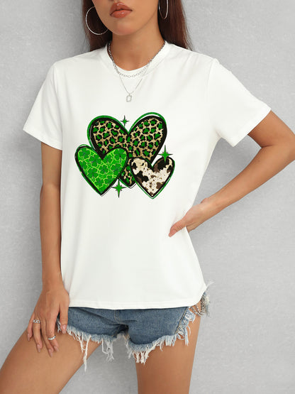 Heart Round Neck Short Sleeve T-Shirt-Jewearrings