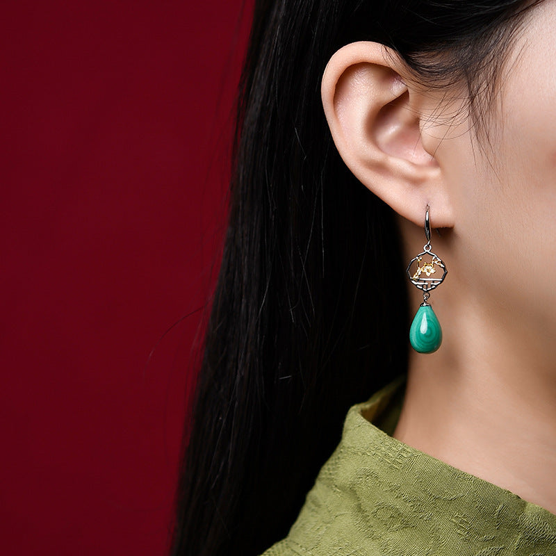 S925 Silver Chinese Ancient Style Window Plum Drop-shaped Malachite Earrings-Jewearrings