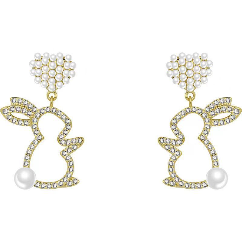 Pearl Bunny Earrings For Women Silver Pin Earrings-Jewearrings