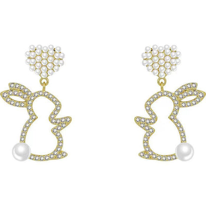 Pearl Bunny Earrings For Women Silver Pin Earrings-Jewearrings