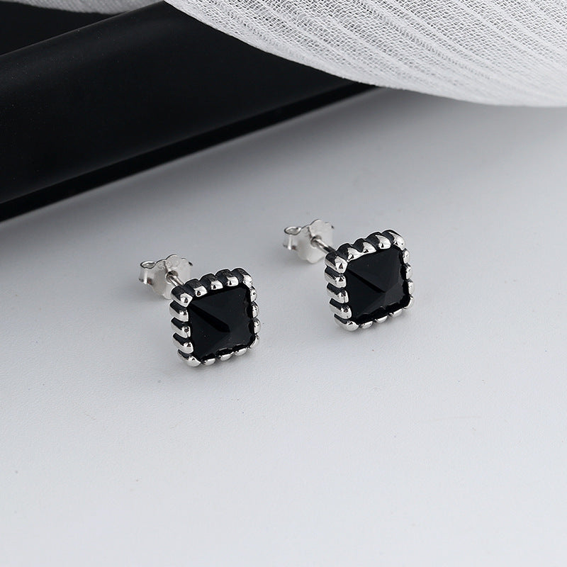 Simple And Small Black Zircon Earrings In Sterling Silver-Jewearrings